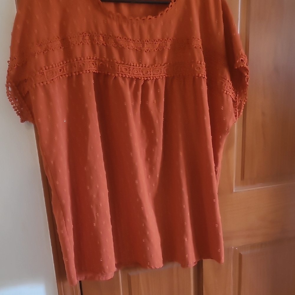 Women's Pumpkin Orange Crochet Trim Short Sleeve Top Synthetic Sz 2xl